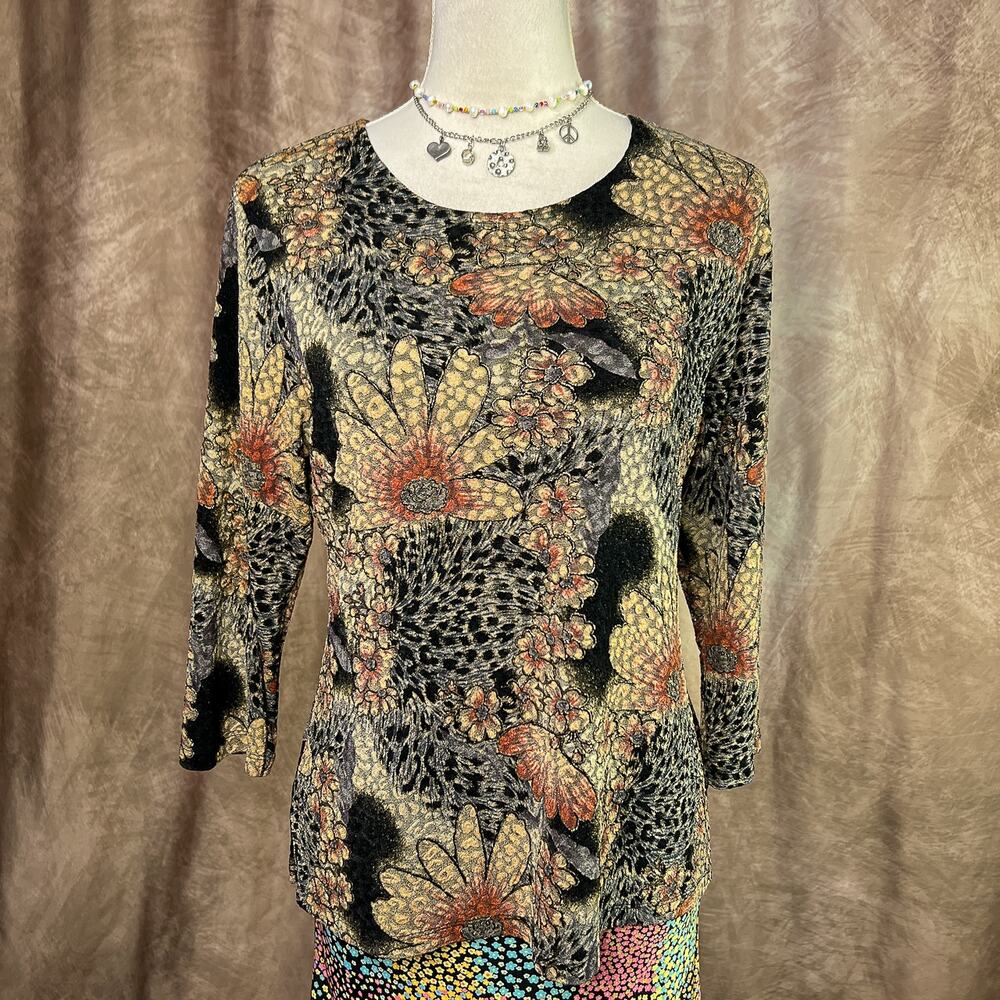 Vintage Boho Grunge Top 90s Floral Metallic Shirt 3/4 Sleeve Multicolor Fairy